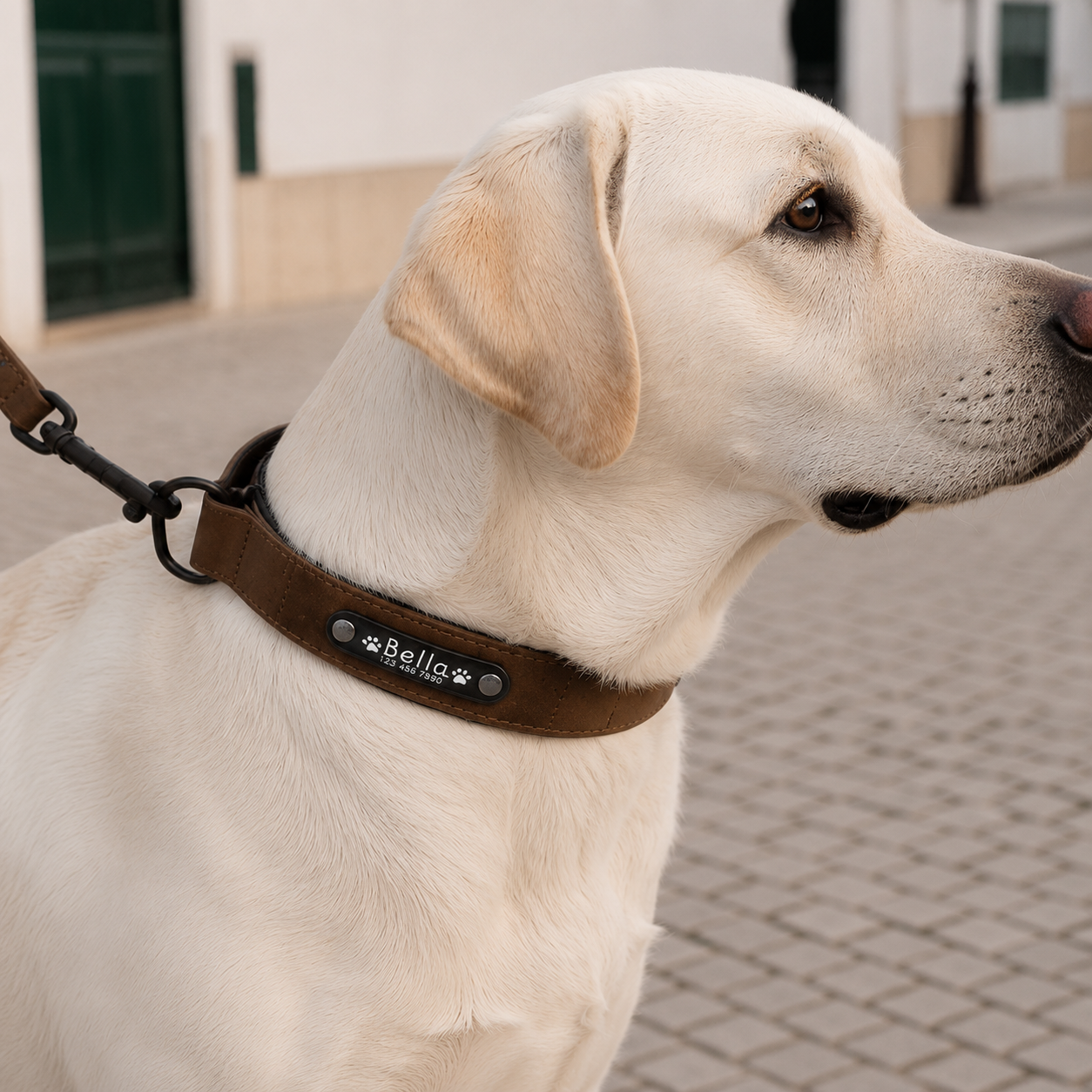 Labrador com coleira em couro personalizada Patas&Couro
